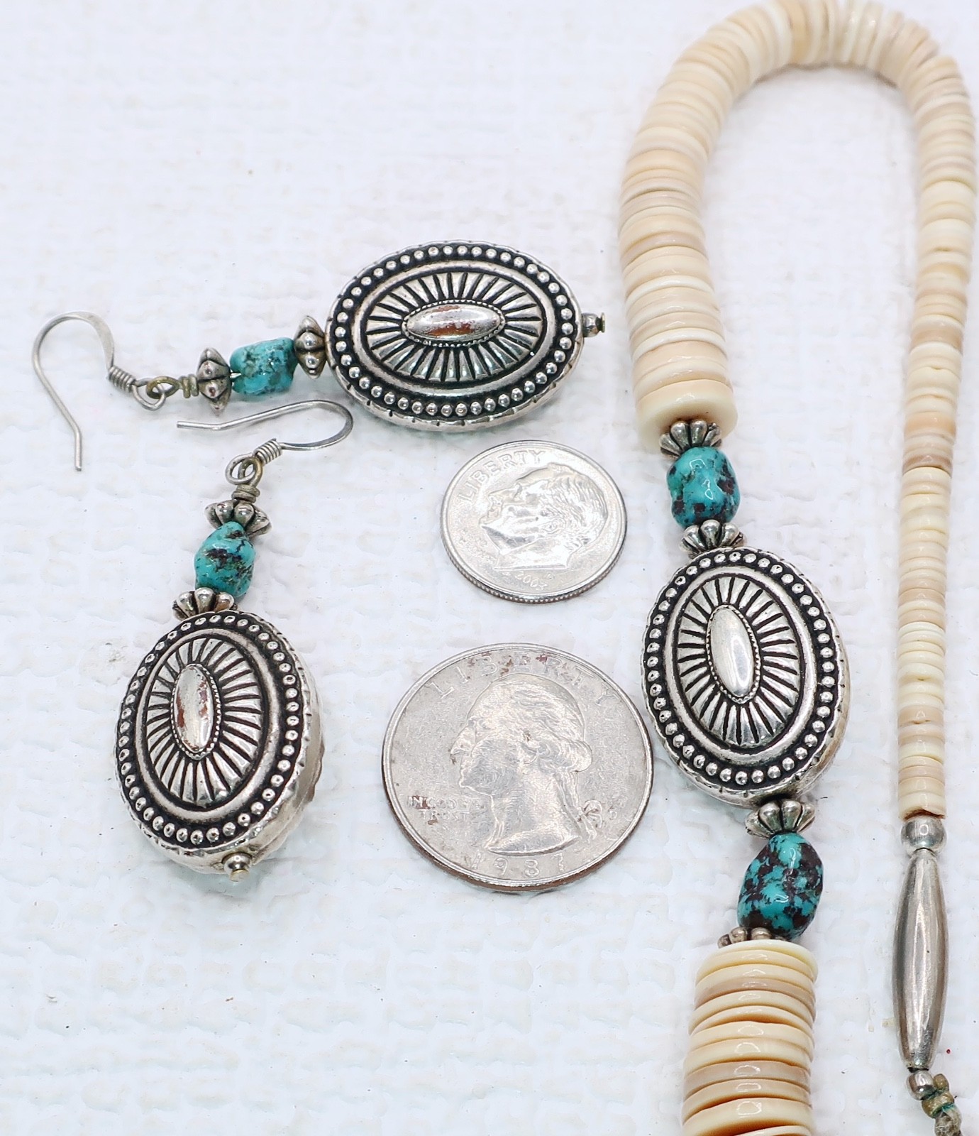 Vintage Southwestern Heishi Necklace Earring Set Turquoise Shell Graduated Beads