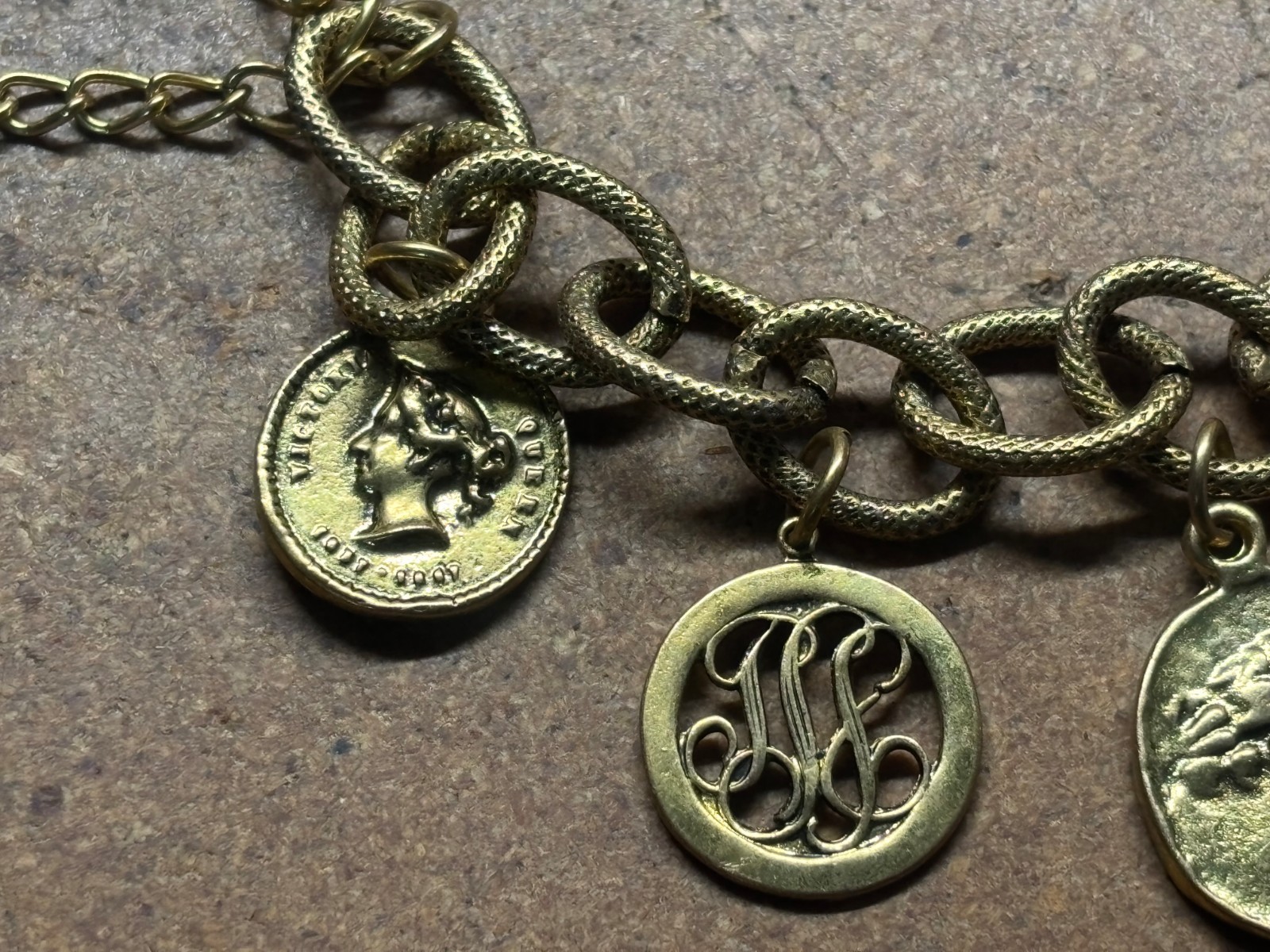 Vintage YOCHI NY Multi Chain Link GREEN ROMAN BRITISH SWISS GOLD COIN Bracelet