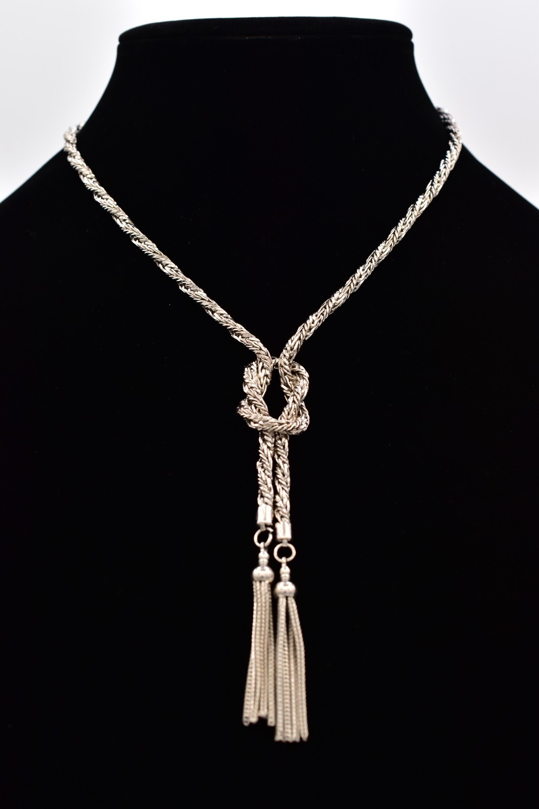 Vintage Silver Rope Knot Tassel Chain Necklace Statement Pendant 1980s BinBE