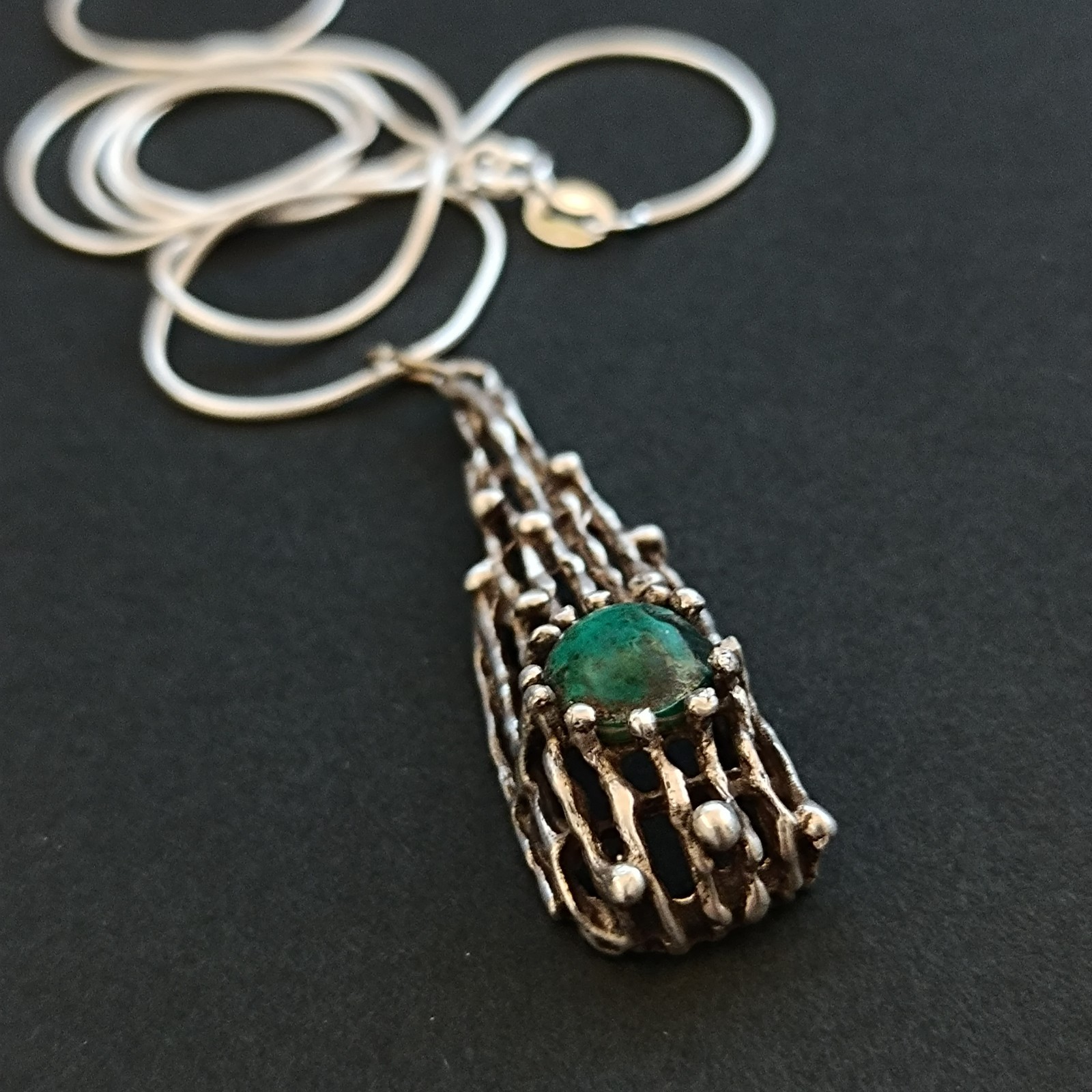 Modernist Brutalist Eilat Stone Pendant Necklace Sterling Silver Israeli 70s VTG