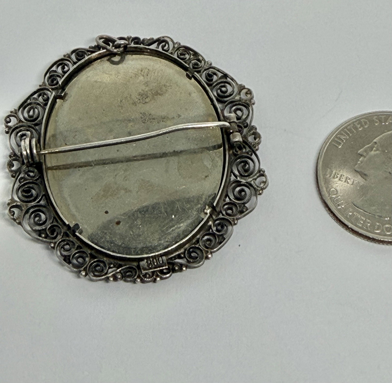 Vintage Renaissance Lady Portrait Hand Painted Miniature Brooch 800 Silver