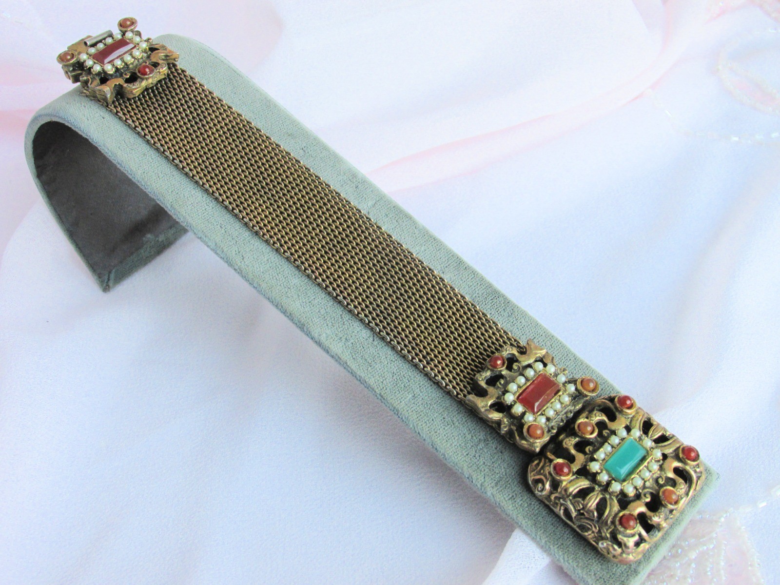 Antiqu Victorian Brass Mesh Faux Emerald Faux Carnelian Bracelet Intricate Clasp