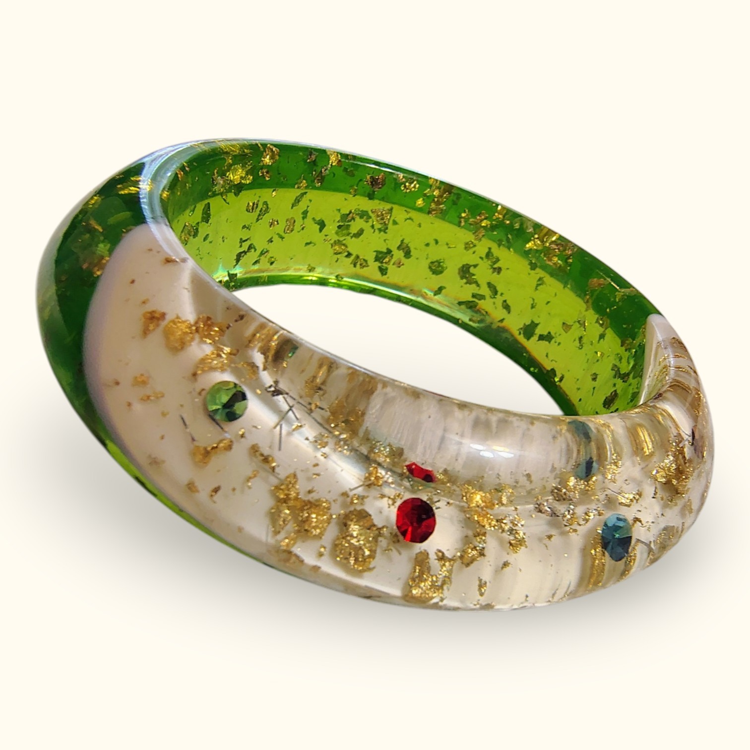 1950s Confetti Lucite Bangle Chunky Atomic Apple Green w/ Gold Foil Bracelet…