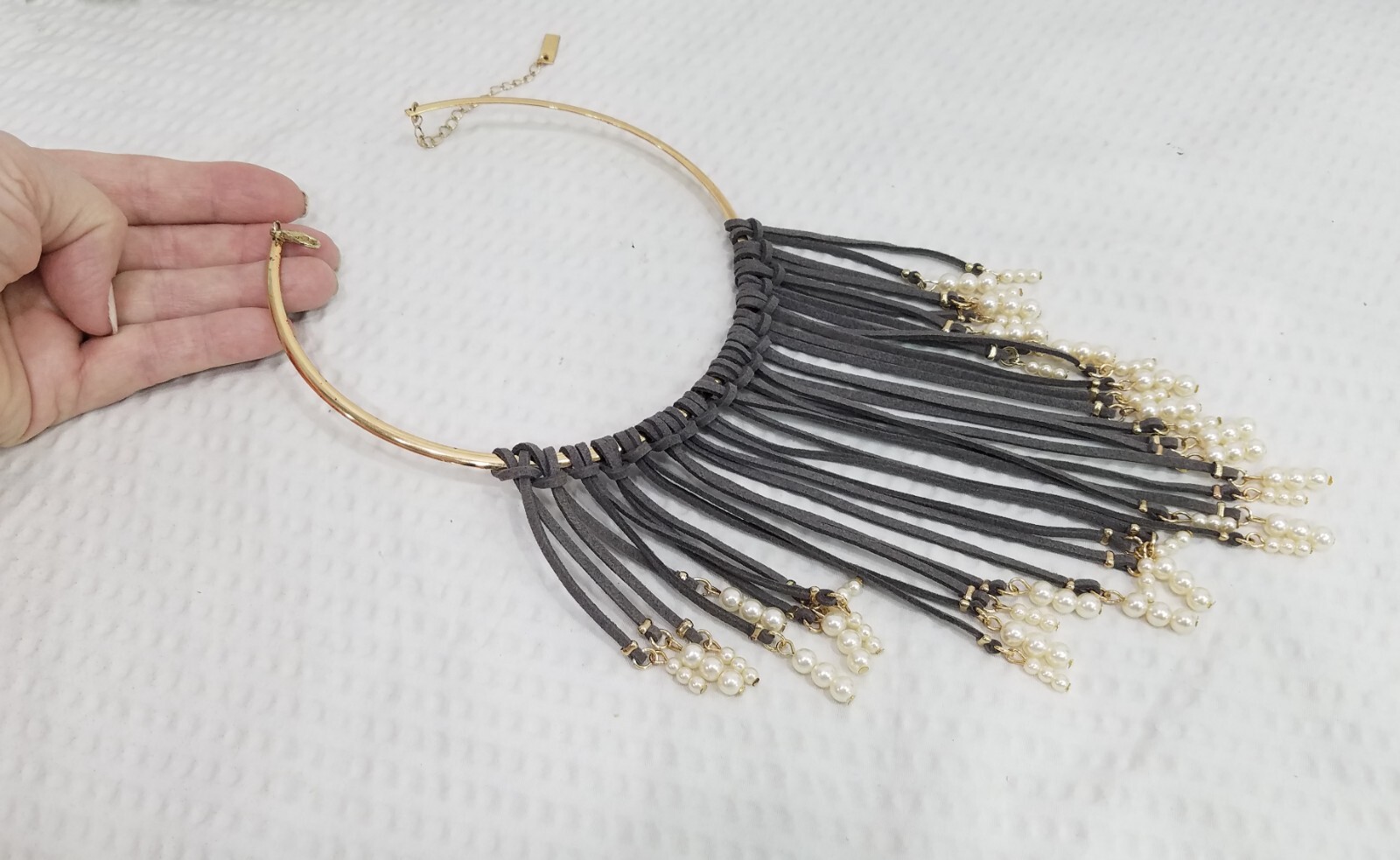 Vintage Signed INC Boho Taupe Suede & Pearl Bead Fringe Bib Gold Tone Neck Ring