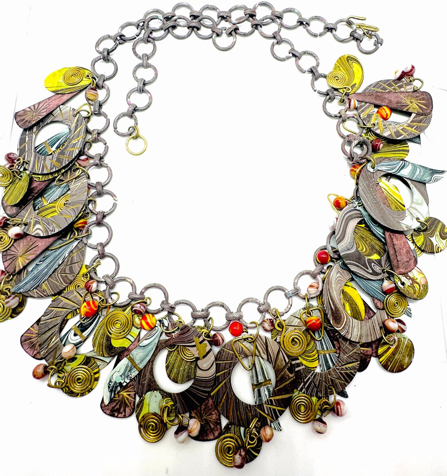 Vtg 1980s Fab Enamel Artisan Layered Metal Dangle Purple Pink Red Necklace