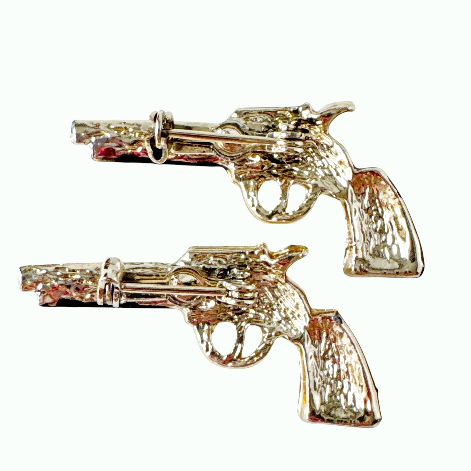 Pistol Handgun Brooch Pin Set of Two – Gold Tone & Enamel w/ Safety Clasps