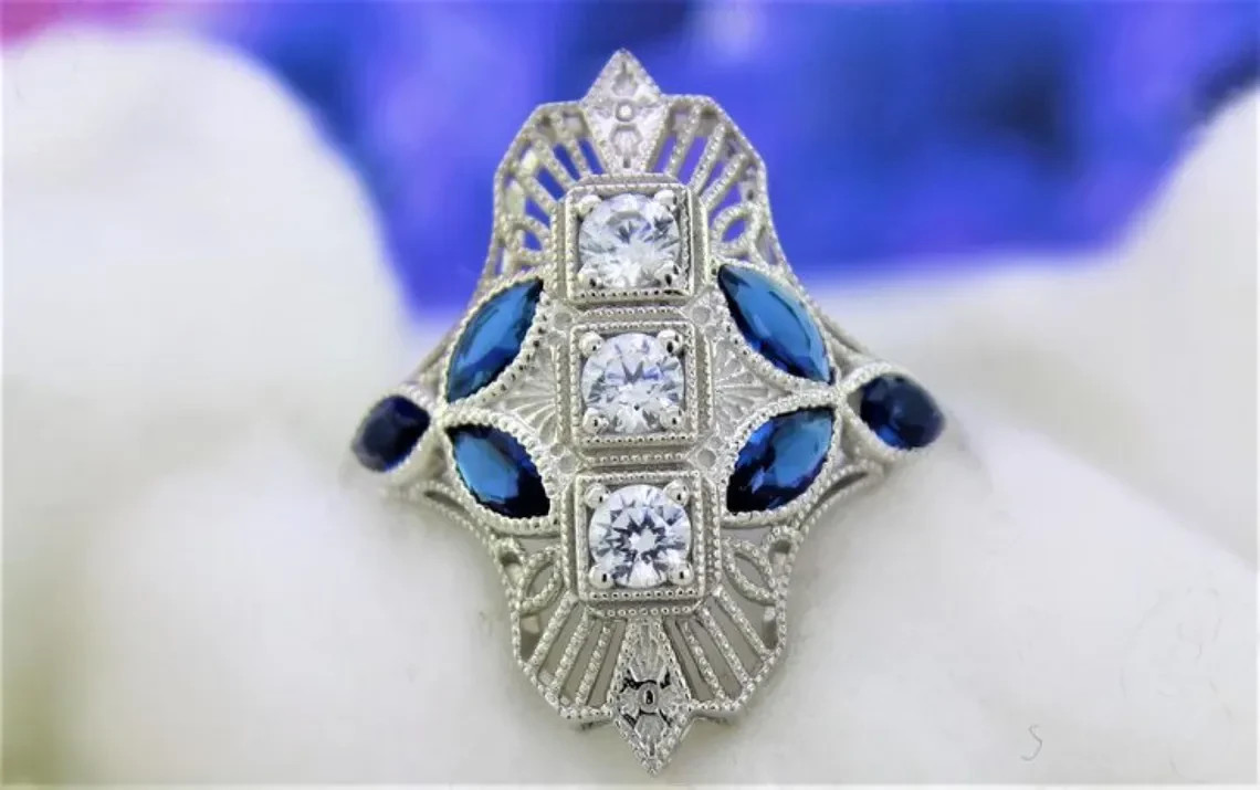 Edwardian 0.35CT Round Cut Three Stone Moissanite & Sapphire Dinner Wedding Ring
