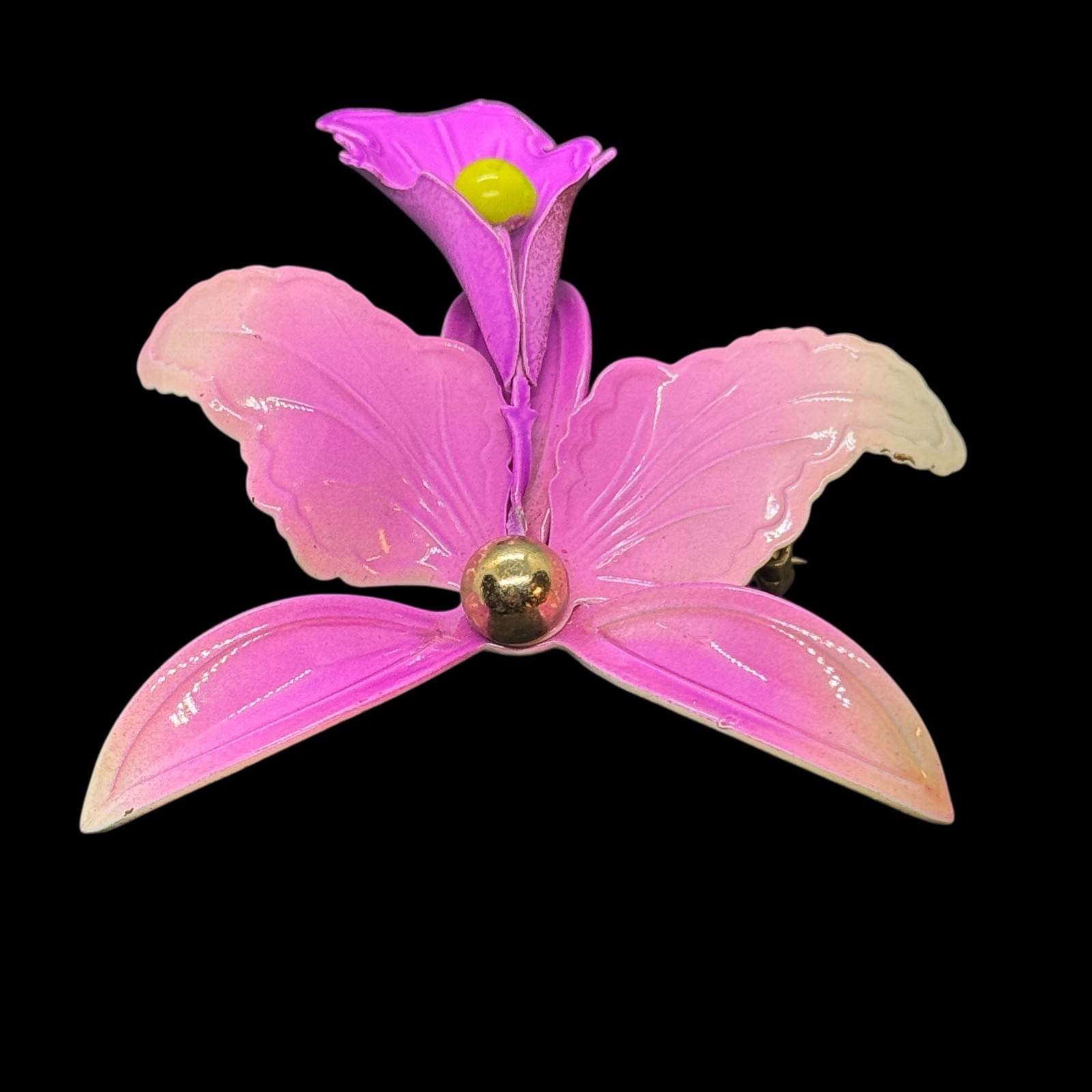 Vintage Brooch Pin Orchid Metal Purple Pink Enamel AS IS 3 in