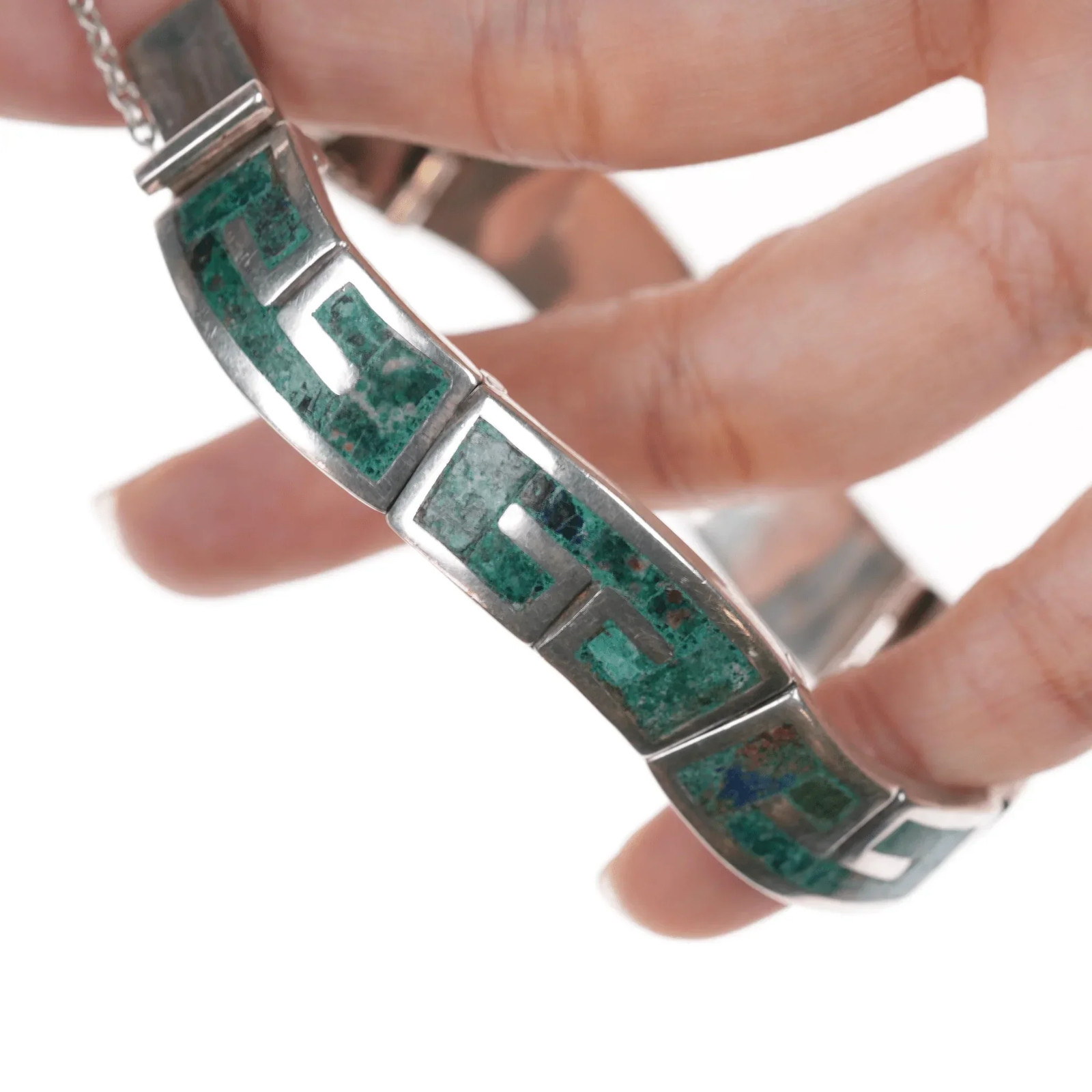 1950’s Los Castillo Sterling chrysocolla inlay 14″ choker necklace 7″ bracelet