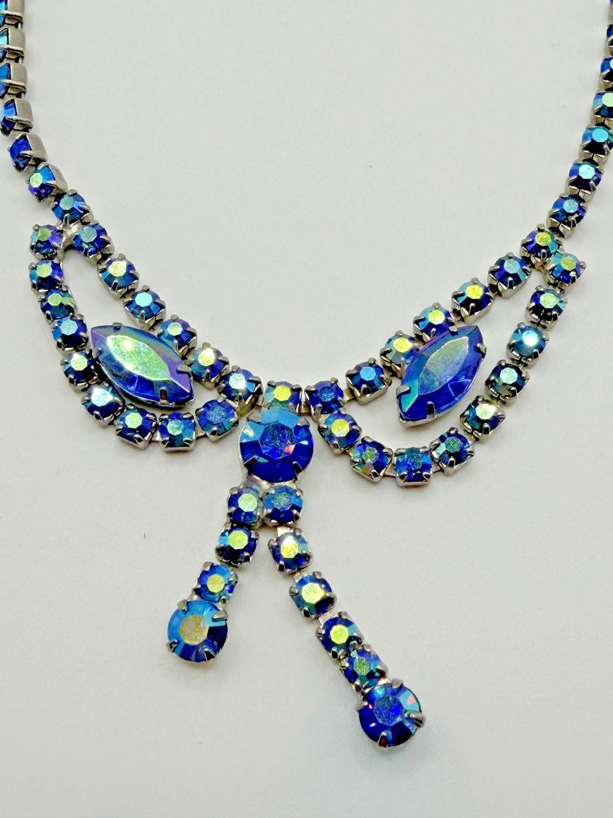 BLUE CRYSTAL RHINESTONE BOW Y-DROP STATEMENT NECKLACE 16IN WOMENS HOOK CLASP