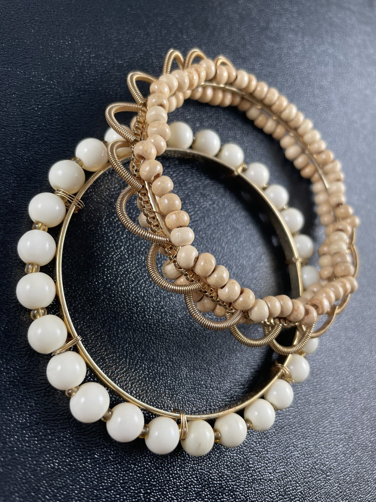 Vintage White & Brown Beaded Gold Tone Bangle Bracelets 2pc