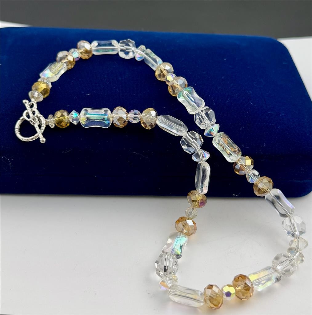 Vintage 90’s Clear & Topaz AB Crystal Glass Beads Toggle Clasp Necklace 17″ L.