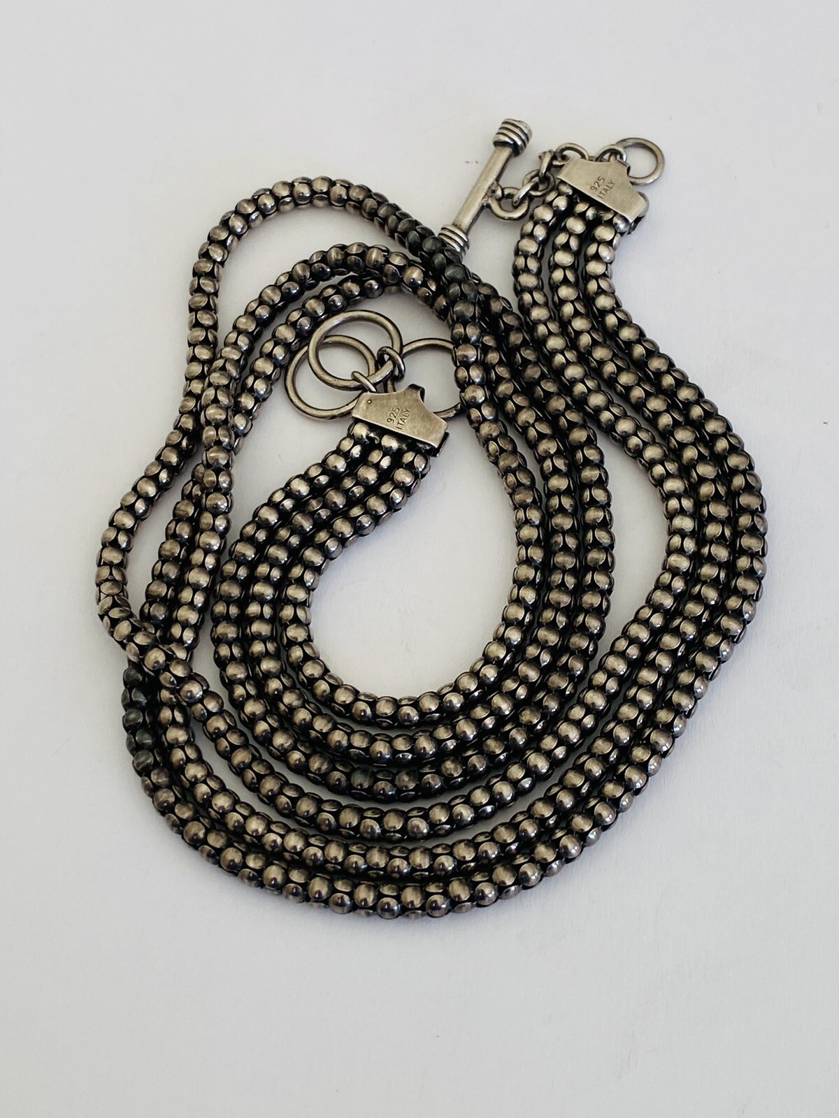 Vintage Italy Sterling Silver 3-Strands Popcorn Chain Toggle Necklace 36-Grams