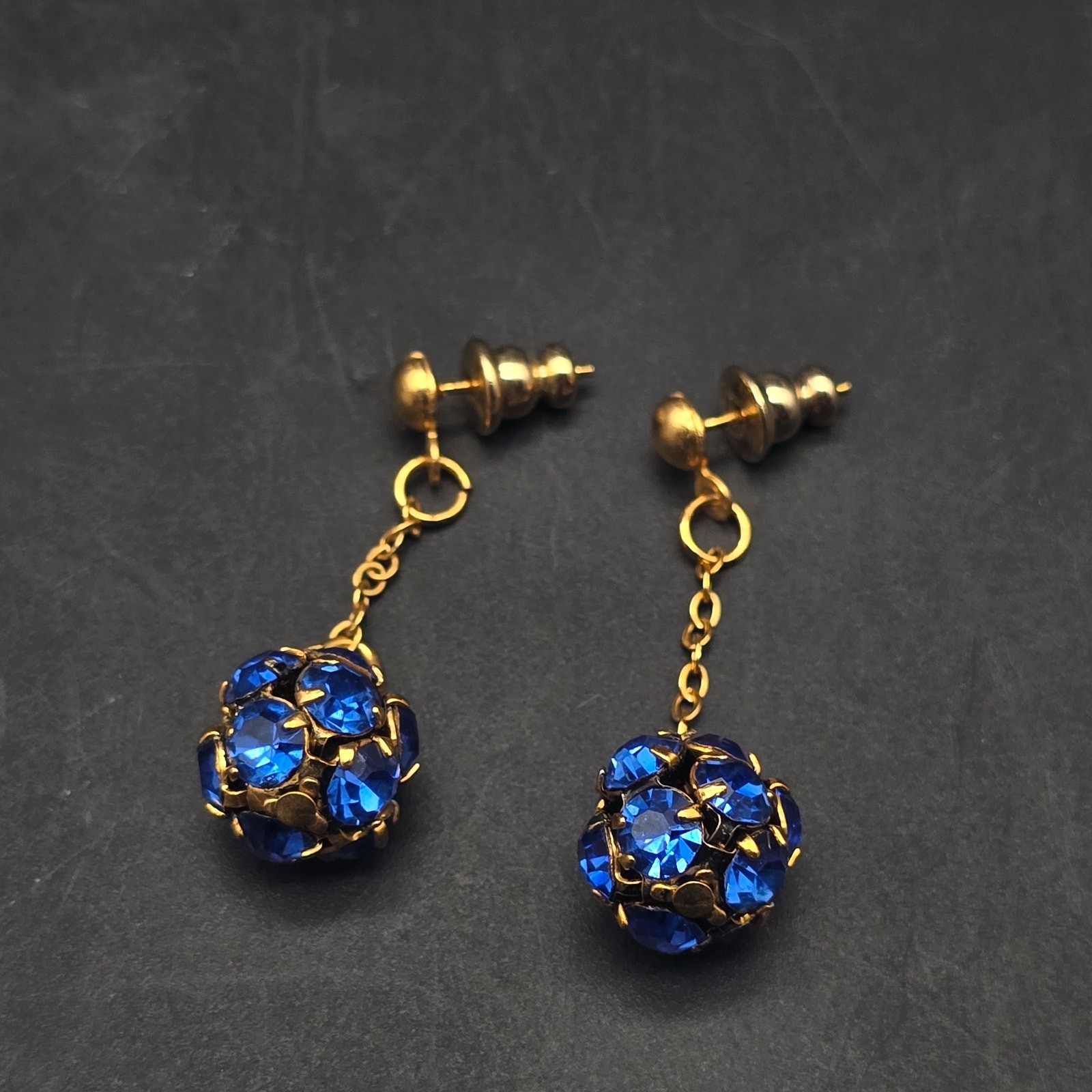 Blue Rhinestone Ball Earrings Gold Tone Pierced Post Dangle Drop Vintage
