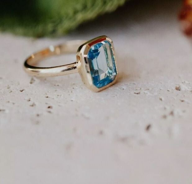 14k Gold Plated 2.00Ct Emerald Lab Created Blue Aquamarine Bezel Engagement Ring