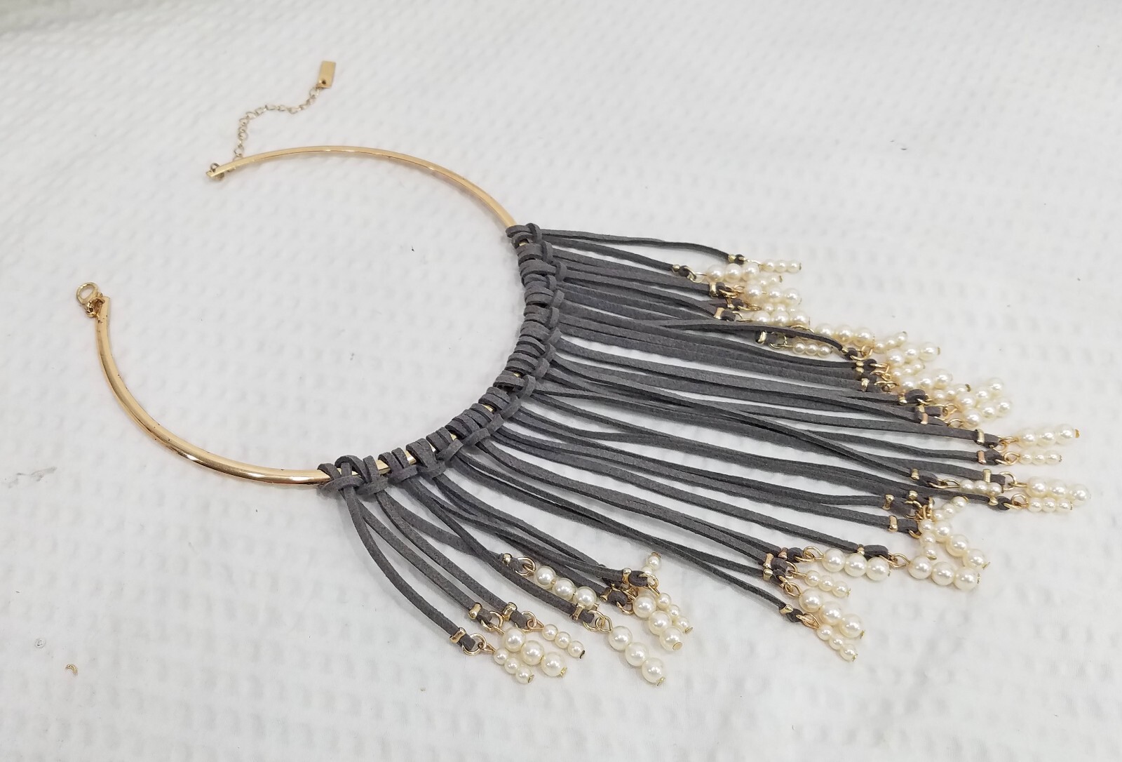 Vintage Signed INC Boho Taupe Suede & Pearl Bead Fringe Bib Gold Tone Neck Ring