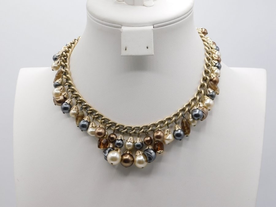 A653-VINTAGE NECKLACE~FAUX PEARLS DANGLES/GOLD TONE~14″-16.5″