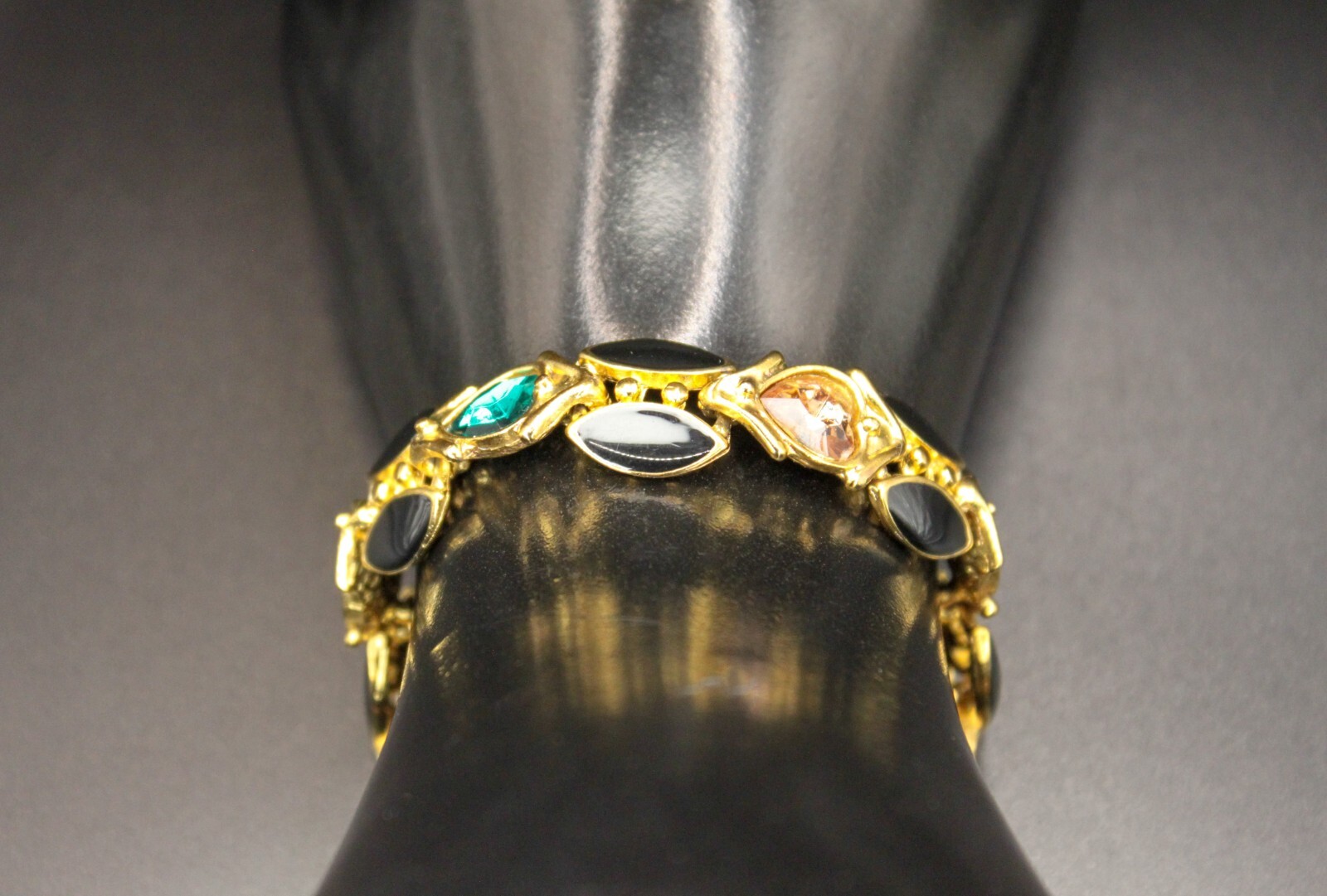 Vintage ORENA of PARIS France Rhinestones Enamel Heart Link Bracelet Gold Tone