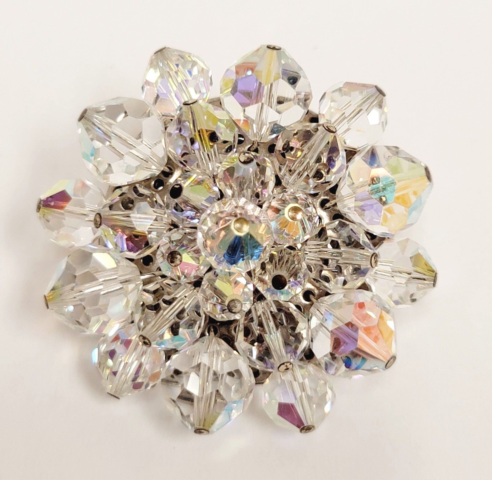Vintage Clear Glass Crystal AB Bead Chandelier Earrings & Crystal Cluster Brooch