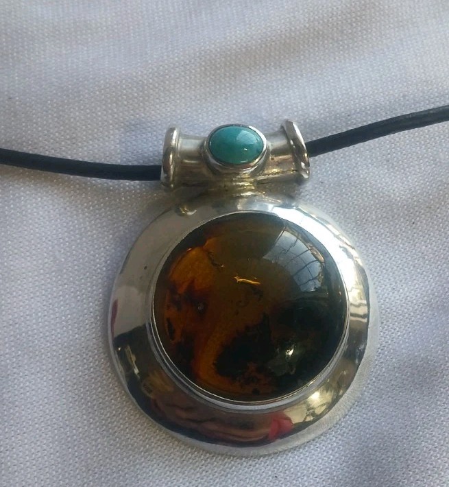 Vintage 1980’s Amber Turquoise And 950 Silver Pendant on Leather Cord