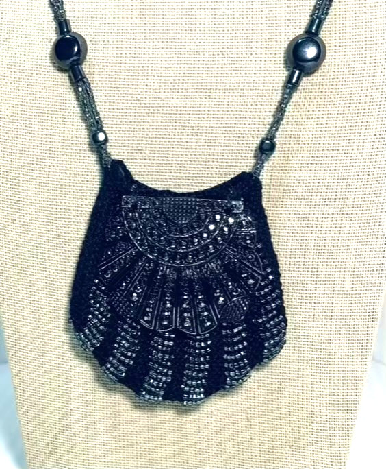 Miniature Beaded Purse Necklace Shell Shaped Black Gray Amulet Keepsake Holder