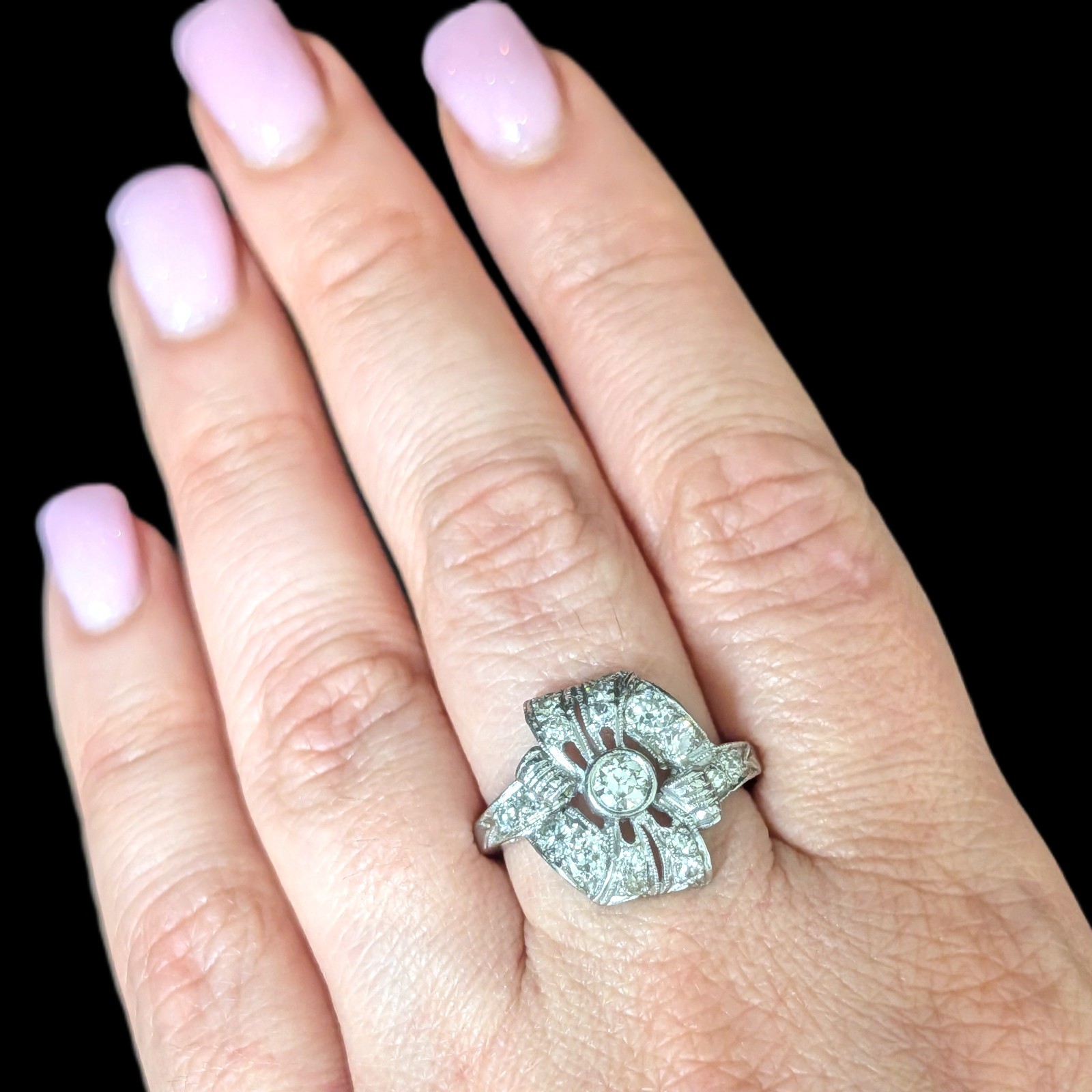 Edwardian Era Old European Cut Diamonds Platinum Cocktail Ring Floral Antique