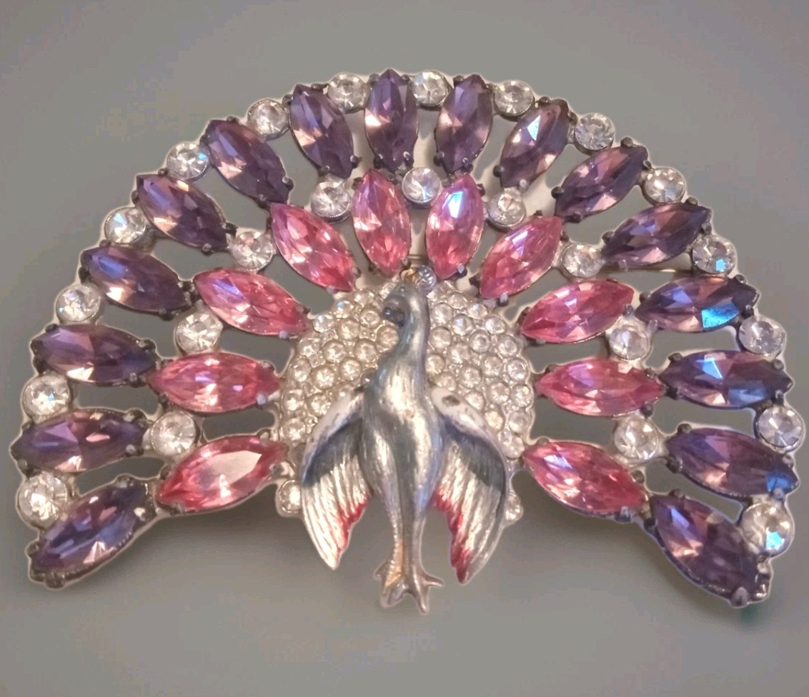 RARE!! Vintage Art Deco Peacock Pin Purple And Pink Navettes!!!