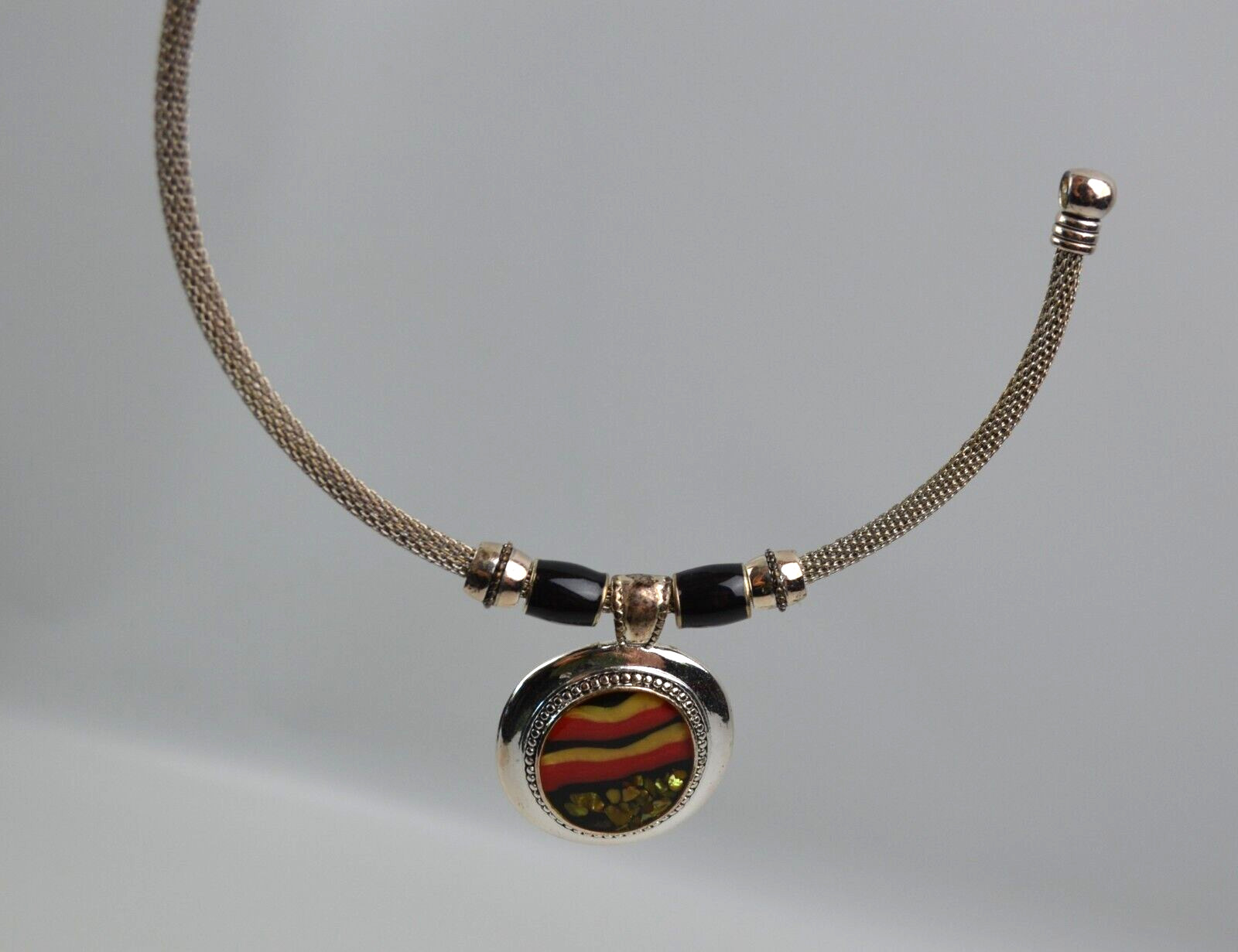 Vintage Silver Tone Snake Choker w/ Round Pendant Sunset Pattern 16″