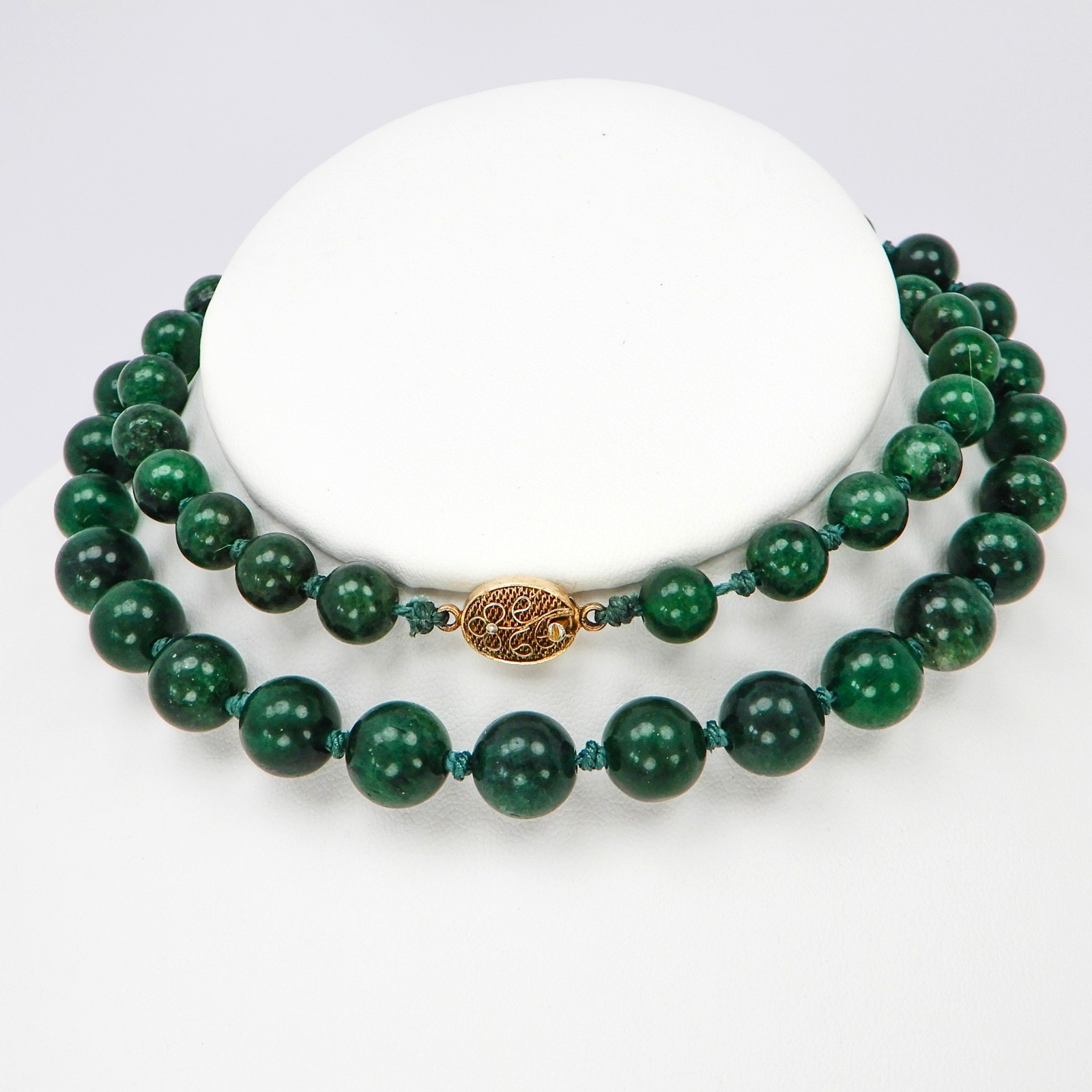 Vintage Green Jade Knotted Graduated Bead Necklace 26” 925 Silver Filigree Clasp