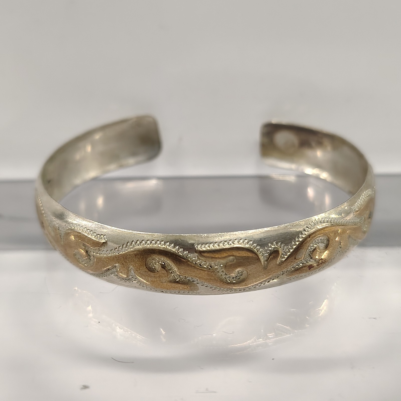 Vintage 925 Sterling Silver Gold Tone Scroll Wave Cuff Bracelet Textured 12.09g