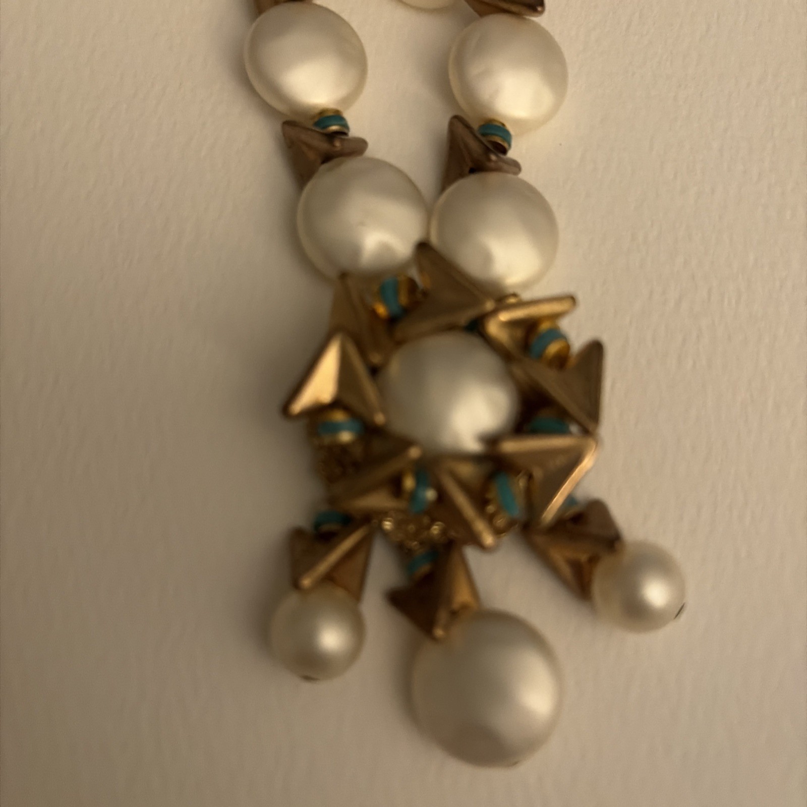 Vintage Statement, Necklace, Pearls Turquoise, And Gold Tone, 22 Inches signed