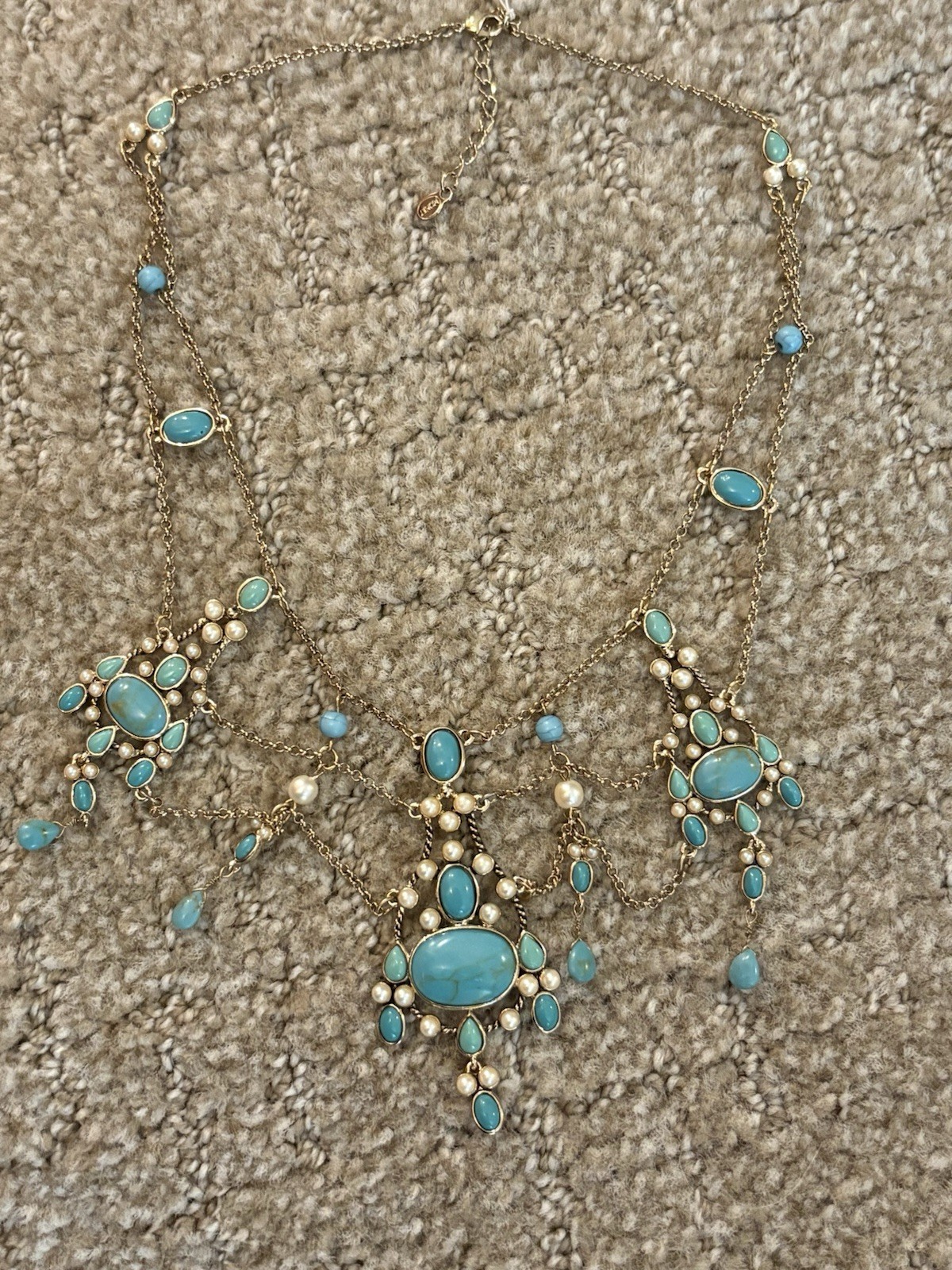 Monet Festoon Necklace Gold Tone, Faux Pearl Victorian Revival Design 15”