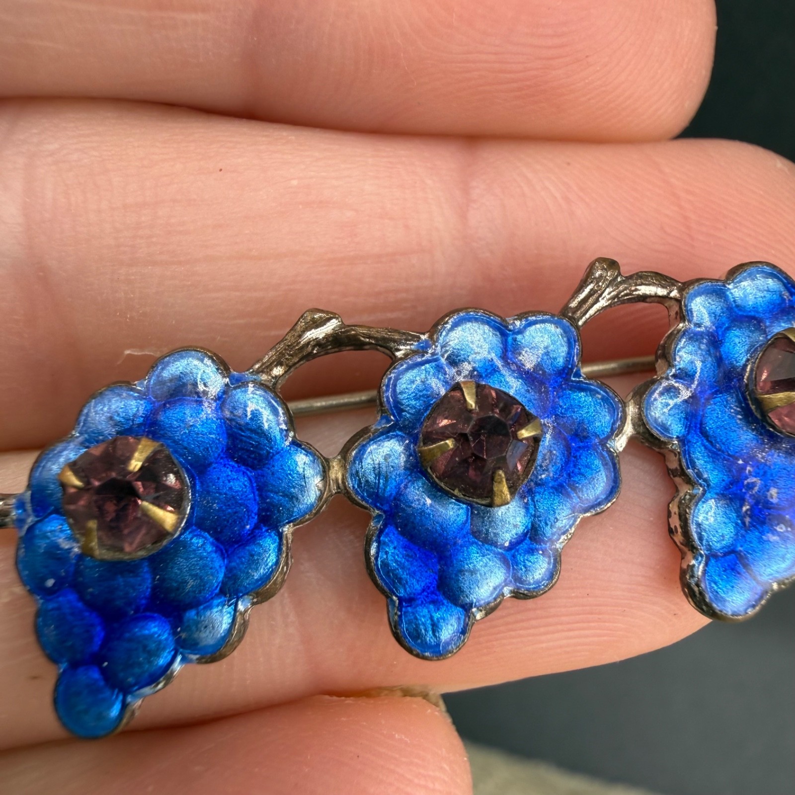 Vintage Enamel Rhinestone Brooch Silver Tone Grapes