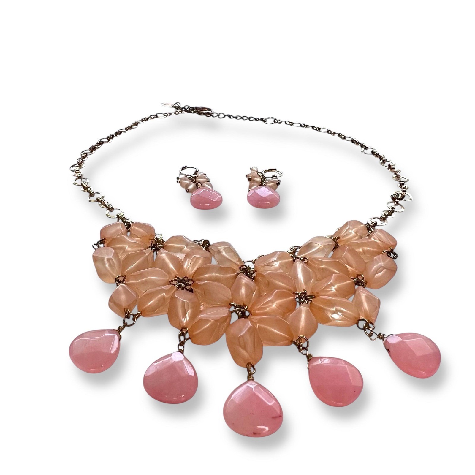 Vintage Bib Necklace Dangle Earring Set Peach Pink Gold Tone Coldwater Creek 21″