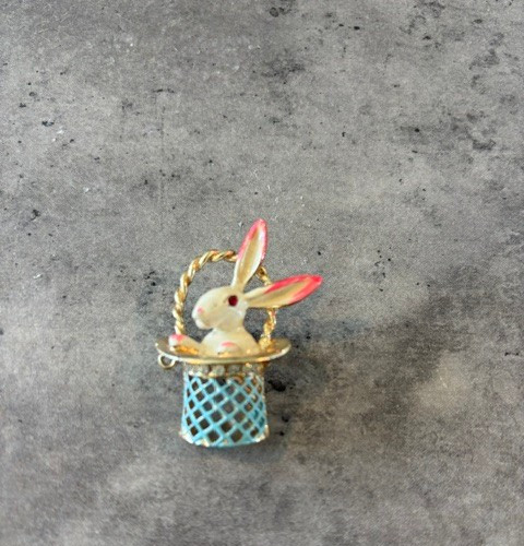 Vintage Easter Bunny Pin White Rabbit in Blue Basket with Pink Ears Brooch