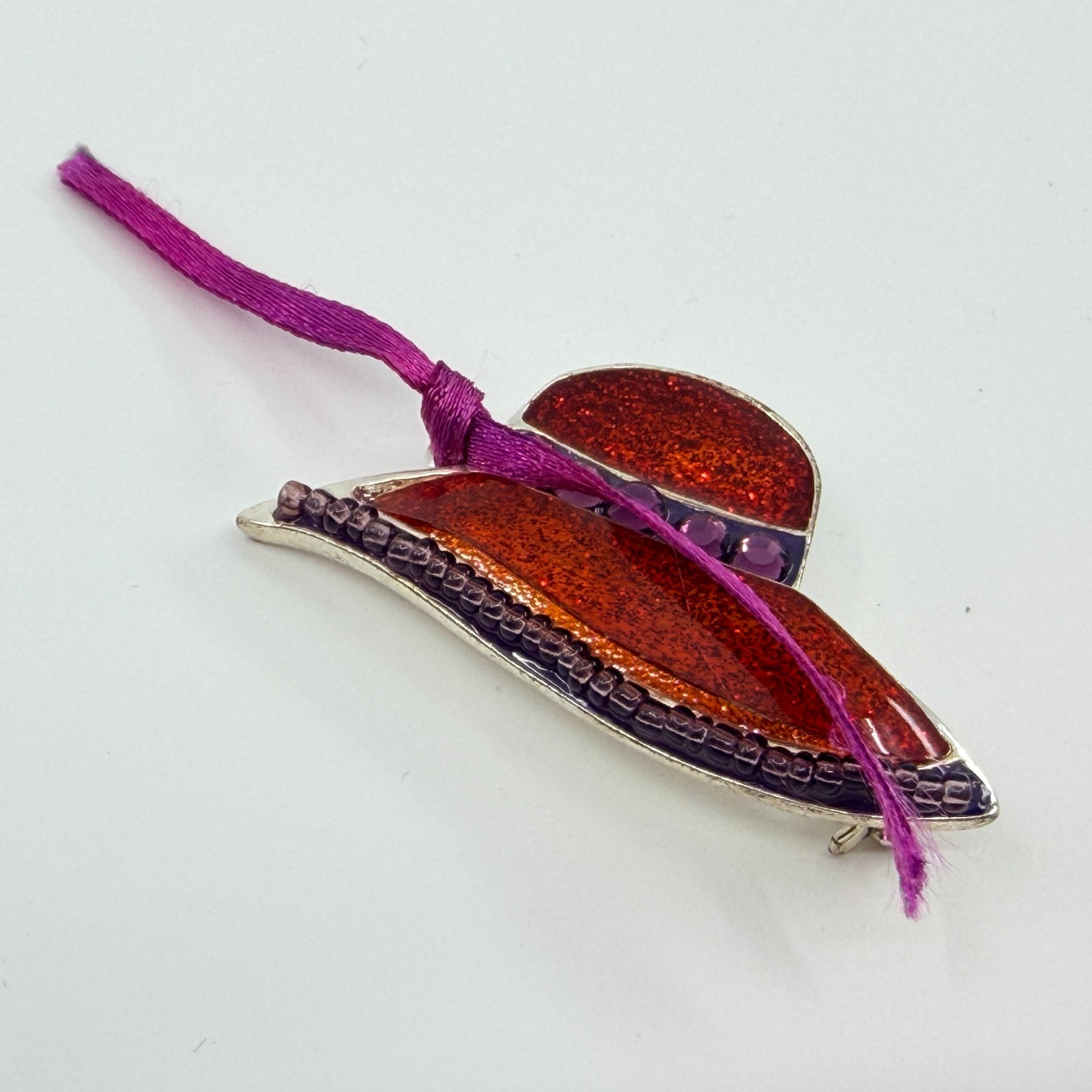 Vintage Chico’s Red Glitter Enamel Sun Hat Brooch Purple Ribbon Beaded Pin