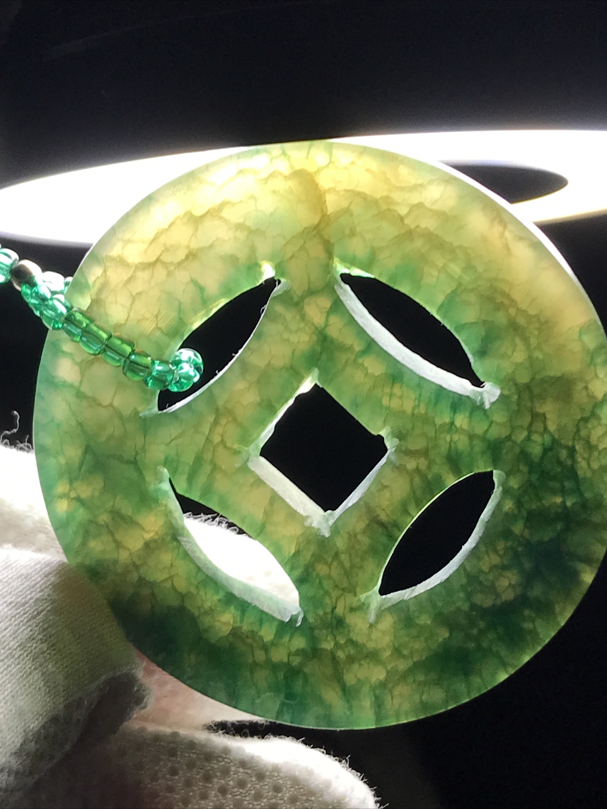 VTG Jade Pendant Natural Gem Hand Carved Necklace 2.25” Disk Green Seed Bead