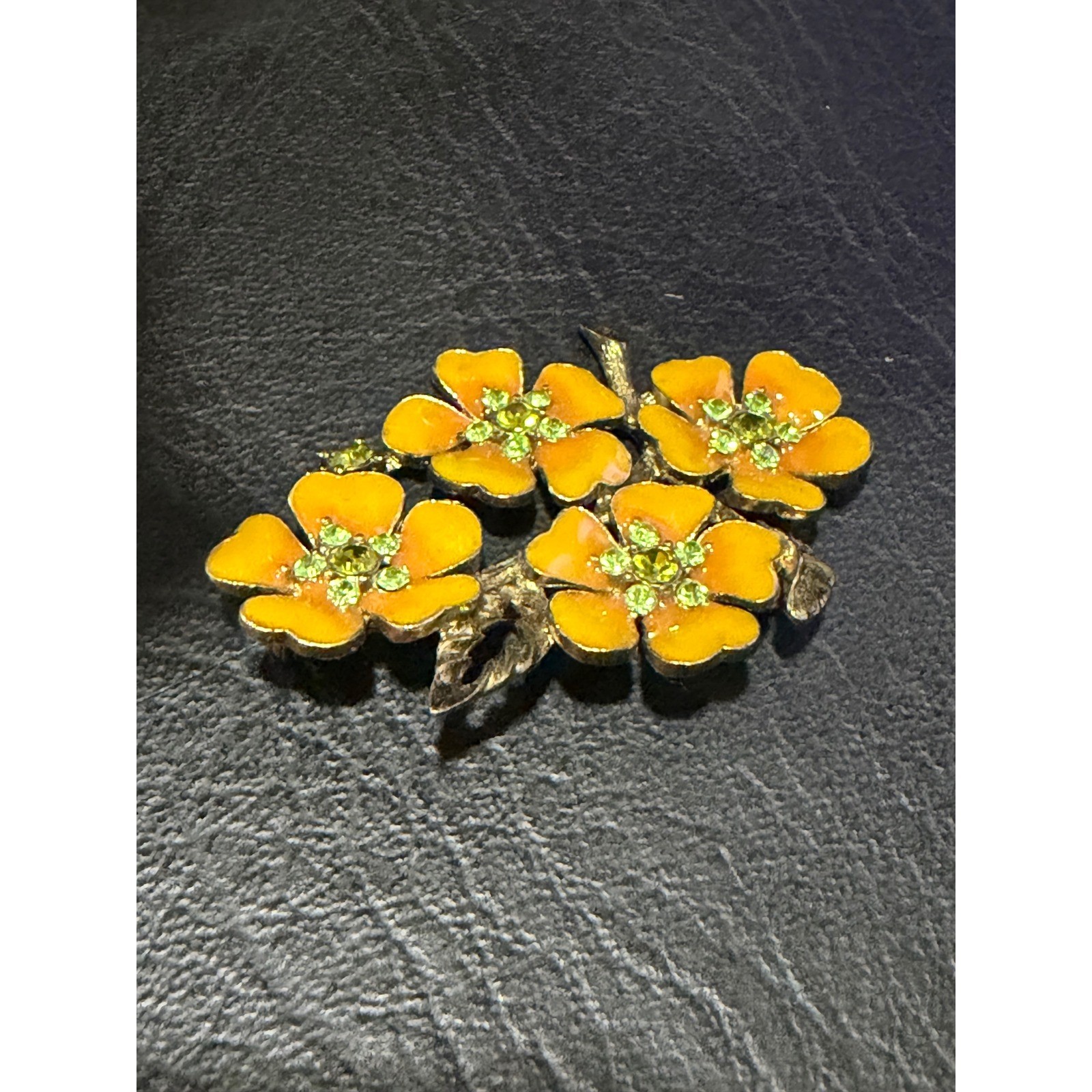 Floral Brooch Women Yellow Enamel Green Rhinestone Floral Cluster Unbranded