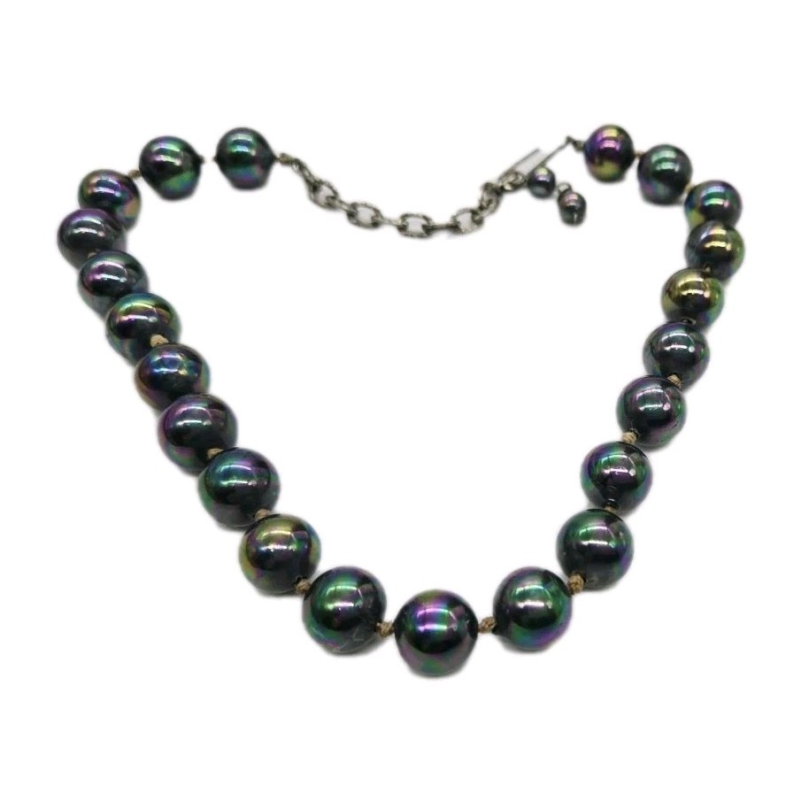 Peacock Black Pearl Hand Strung Beaded Choker Necklace Hand tied knot Vtg 16 in