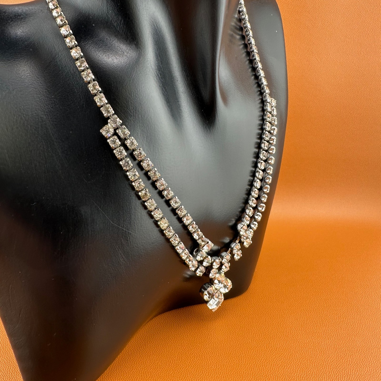 Vintage Rhinestone Festoon Style Necklace Silver Tone Cup Chain Clear Stones