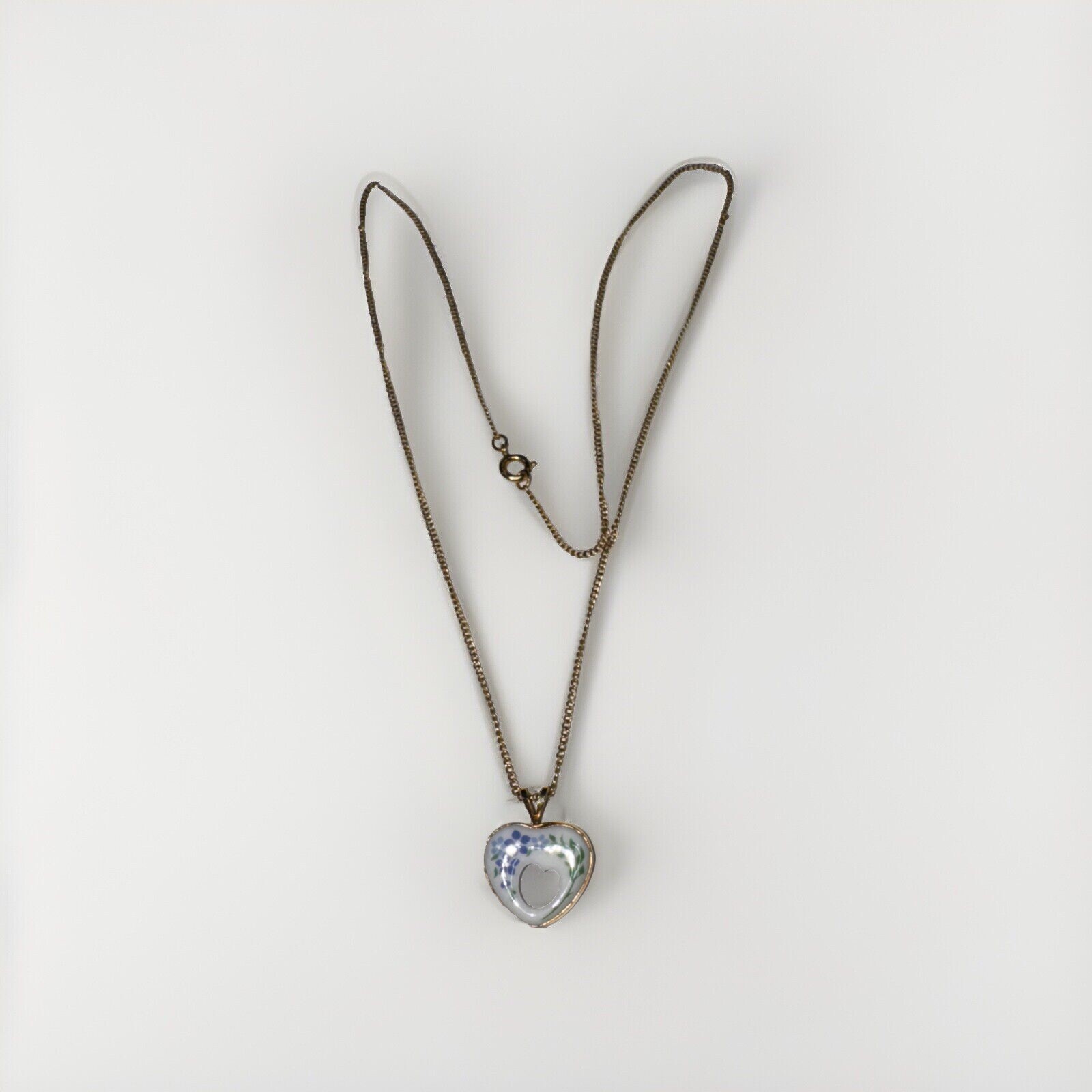 Vtg Signed 14k Gold Filled Lenox Open Heart Porcelain Pendant Necklace sz 18 3/4