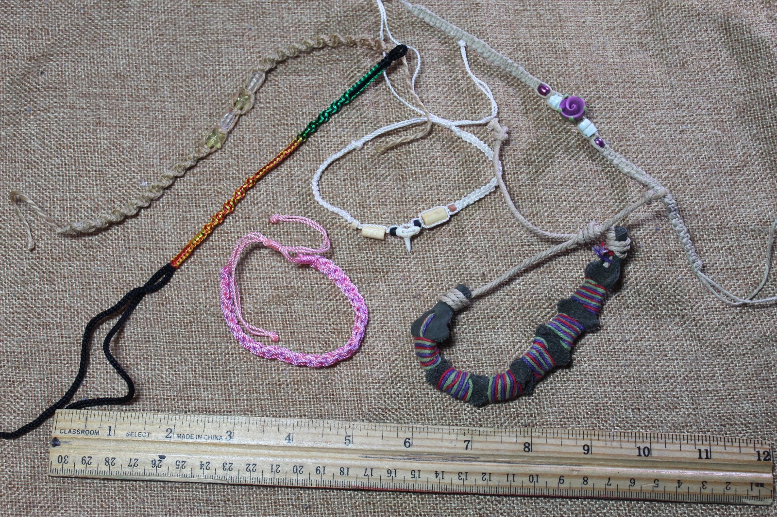 Lot of 6 Vintage 90s Natural String Woven Bracelets &Anlets Beads Hemp Leather