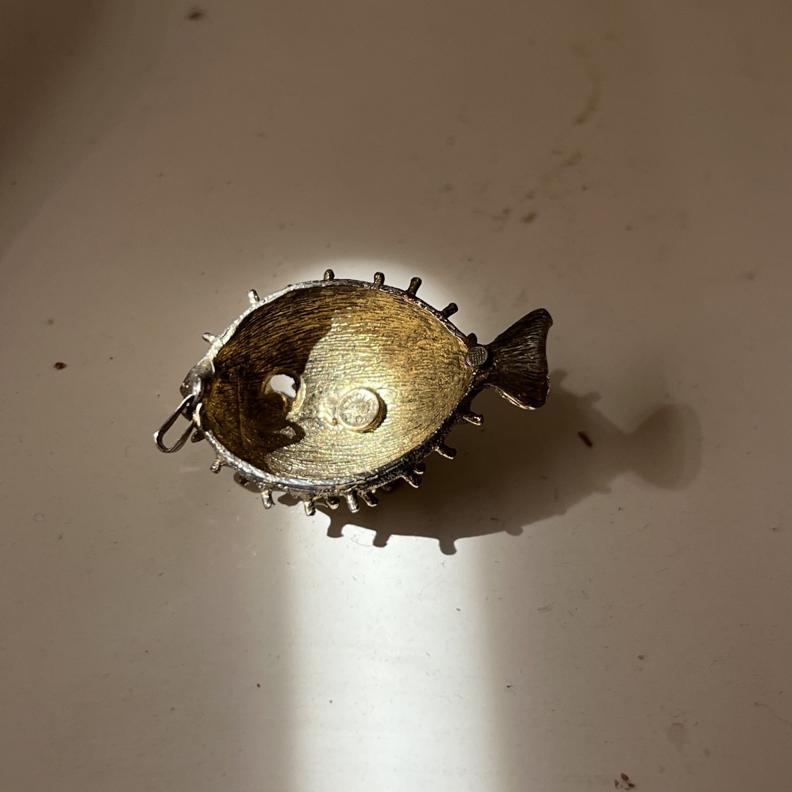 VTG Puffer Fish Rhinestone Ruby Eye Sterling Silver & Gold Vermeil Pendant
