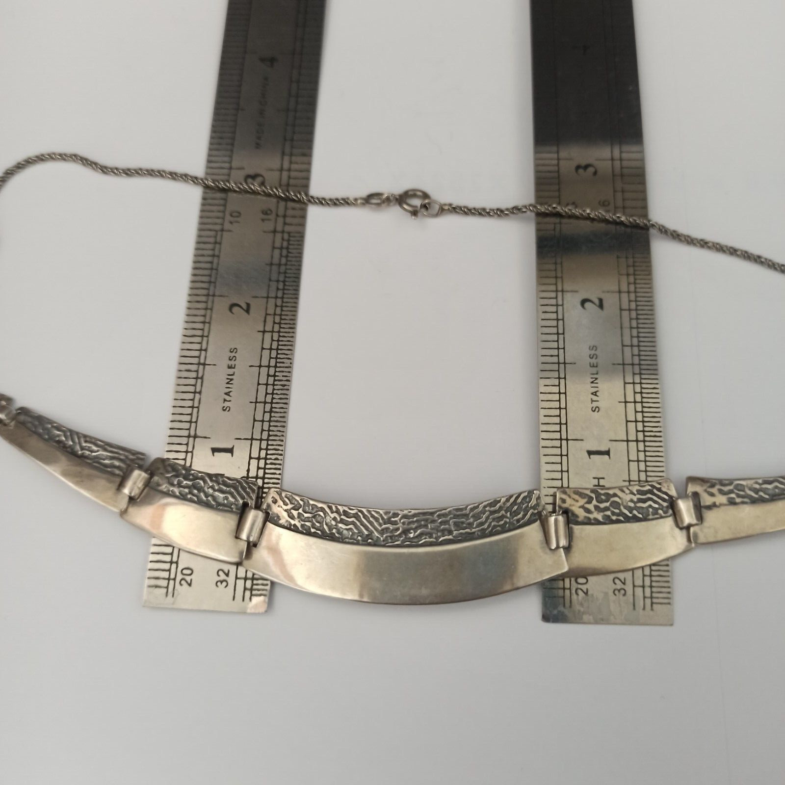 VTG Silver Artisan Necklace Modernist Articulated Links Textured Bib 90s Gift