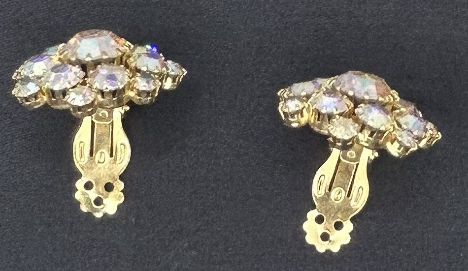 Iridescent Clip On Earrings Cluster Prong-set Rhinestones In Floral Design