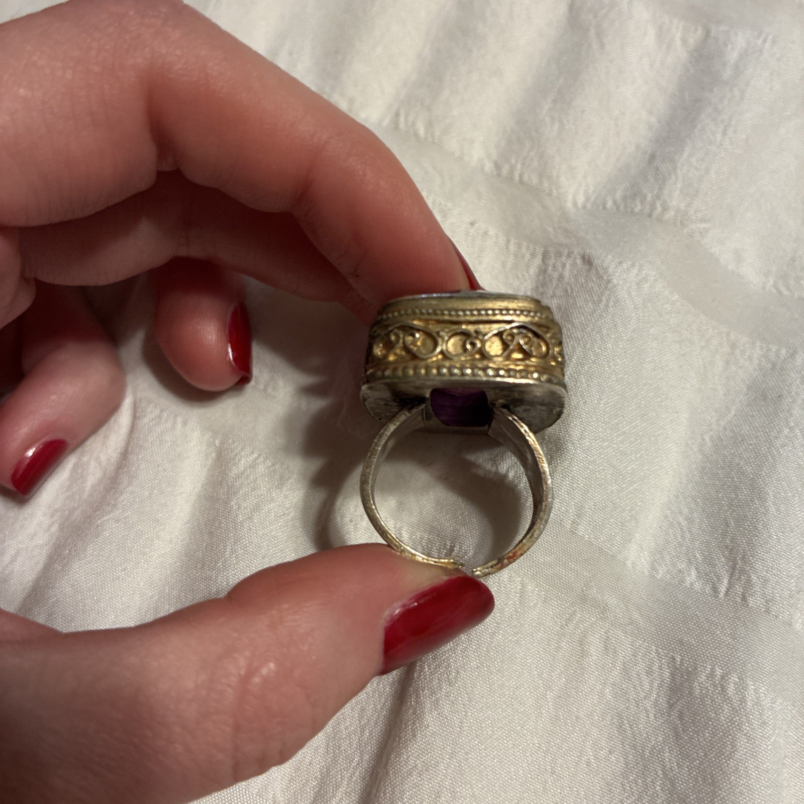Vintage Large Purple Crystal 925 Sterling Silver Gold Ring Adjustable One Size