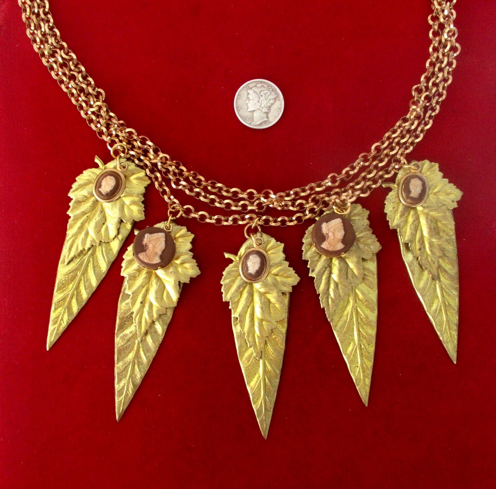 Vintage Jewelry Set: Brass Leaf Necklace With Cameos & Matching Earrings/Boho/