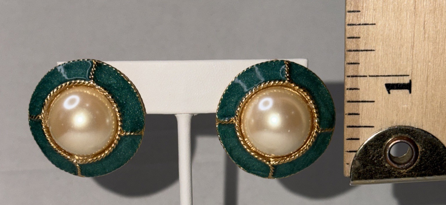 Vintage Gay Boyer Green Enamel Faux Pearl Gold Accent Clip-On Earrings
