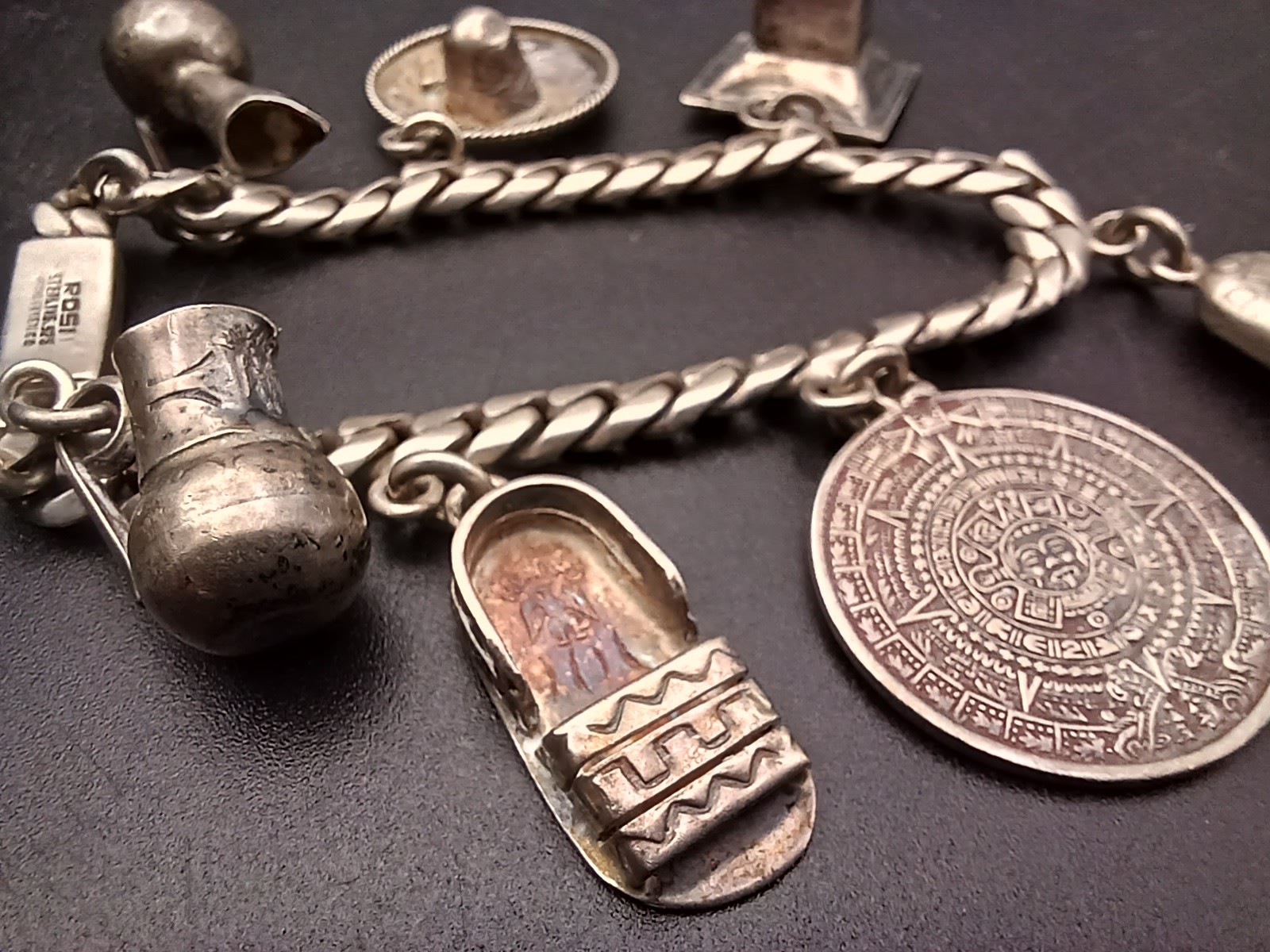 Vtg ROSI Mexican Sterling Silver Charm Bracelet 44g Aztec Calendar Sombrero 925
