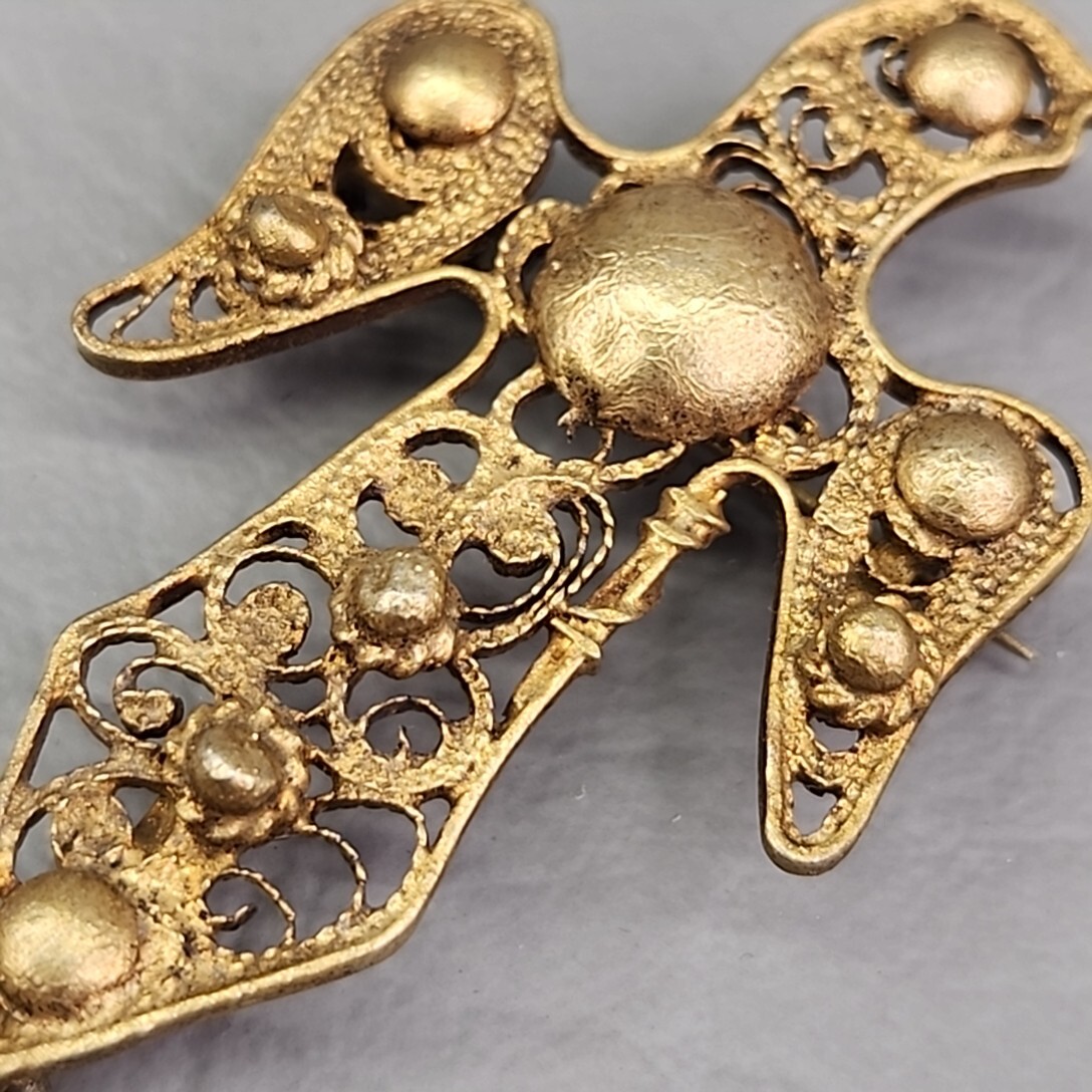 Vintage Eagle Brooch Gold Filled Filigree Tassel C Clasp Artisan Antique 3.5″